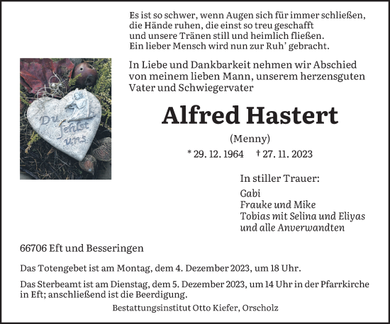 Todesanzeige von Alfred Hastert von saarbruecker_zeitung