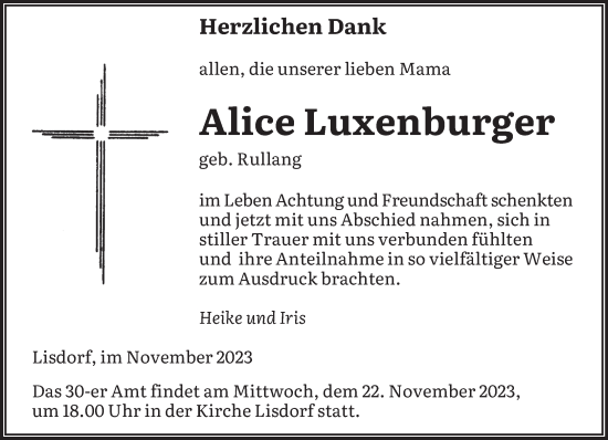 Todesanzeige von Alice Luxenburger von saarbruecker_zeitung