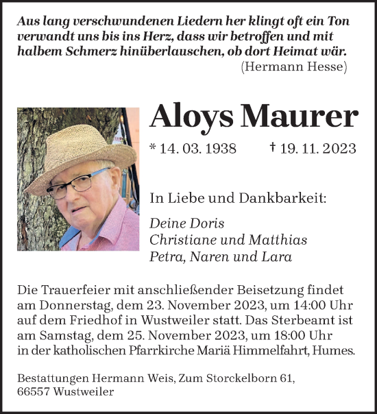 Todesanzeige von Aloys Maurer von saarbruecker_zeitung