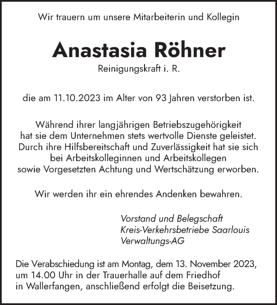 Todesanzeige von Anastasia Röhner von saarbruecker_zeitung