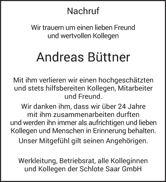 Todesanzeige von Andreas Büttner von saarbruecker_zeitung