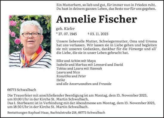 Todesanzeige von Annelie Fischer von saarbruecker_zeitung