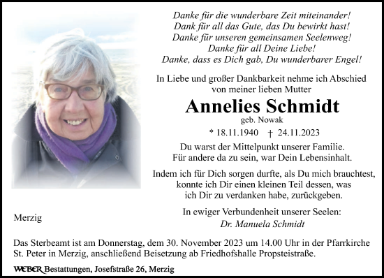 Todesanzeige von Annelies Schmidt von saarbruecker_zeitung