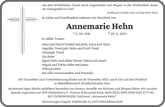 Todesanzeige von Annemarie Hehn von saarbruecker_zeitung