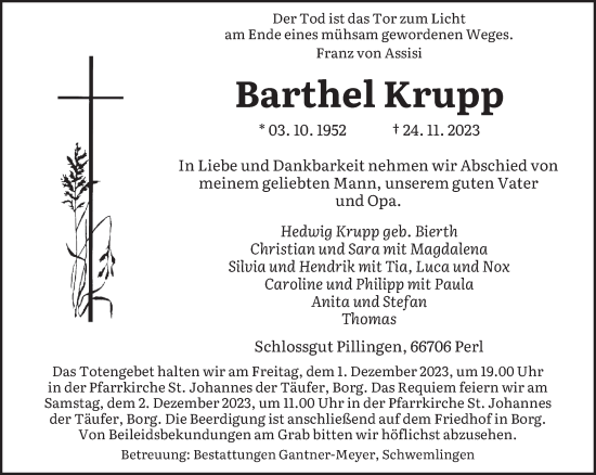 Todesanzeige von Barthel Krupp von saarbruecker_zeitung