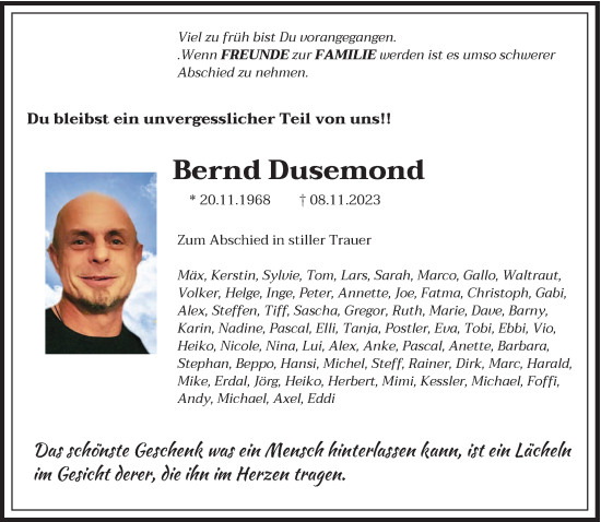 Todesanzeige von Bernd Dusemond von saarbruecker_zeitung