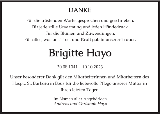 Todesanzeige von Brigitte Hayo von saarbruecker_zeitung