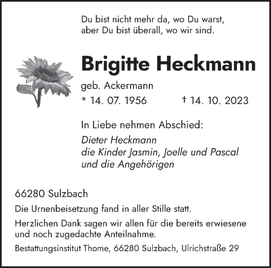 Todesanzeige von Brigitte Heckmann von saarbruecker_zeitung