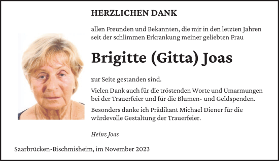 Todesanzeige von Brigitte  Joas von saarbruecker_zeitung