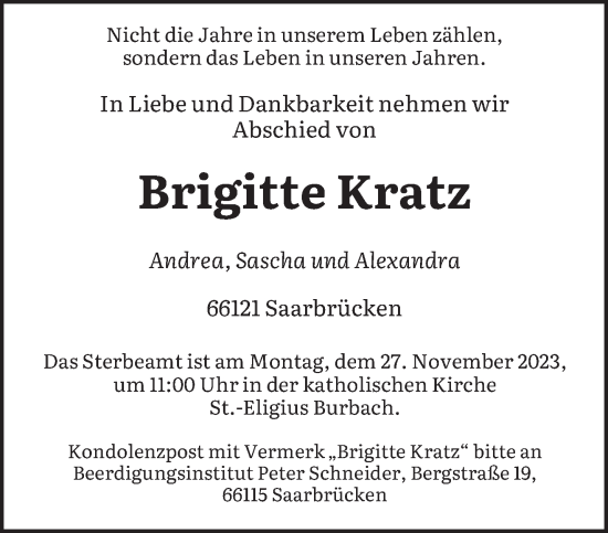 Todesanzeige von Brigitte Kratz von saarbruecker_zeitung