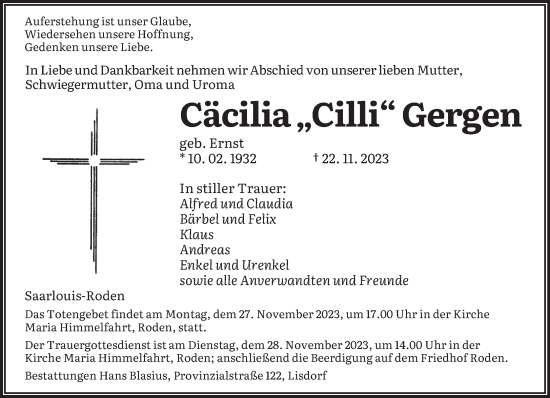 Todesanzeige von Cäcilia Gergen von saarbruecker_zeitung