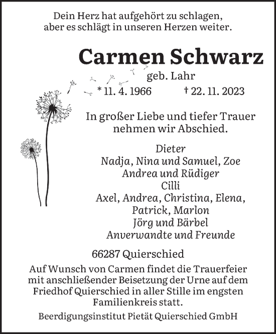 Todesanzeige von Carmen Schwarz von saarbruecker_zeitung