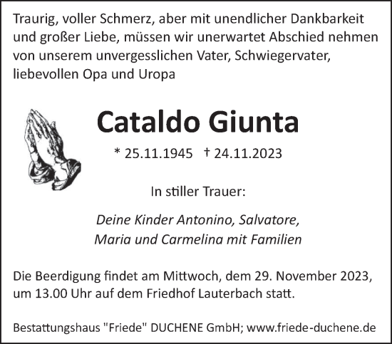 Todesanzeige von Cataldo Giunta von saarbruecker_zeitung