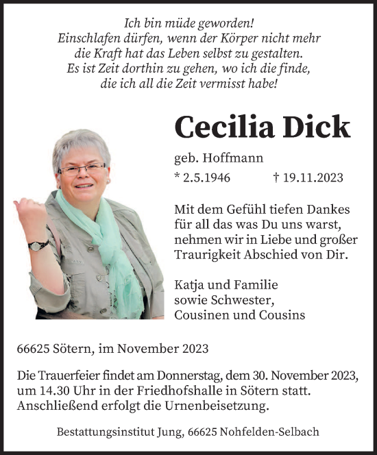 Todesanzeige von Cecilia Dick von saarbruecker_zeitung