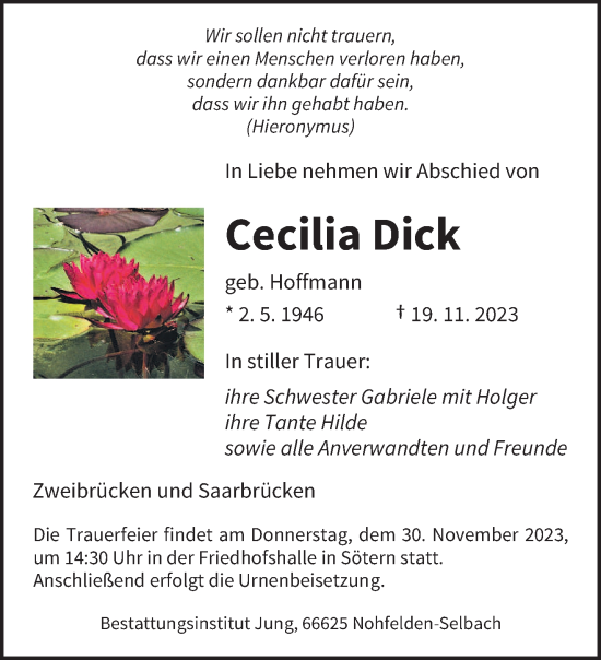 Todesanzeige von Cecilia Dick von saarbruecker_zeitung