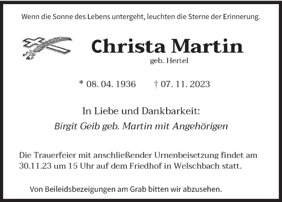 Todesanzeige von Christa Martin von saarbruecker_zeitung