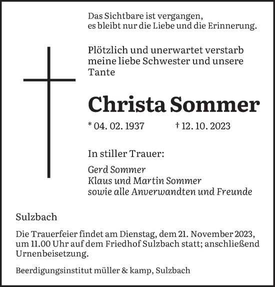 Todesanzeige von Christa Sommer von saarbruecker_zeitung