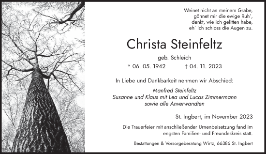 Todesanzeige von Christa Steinfeltz von saarbruecker_zeitung