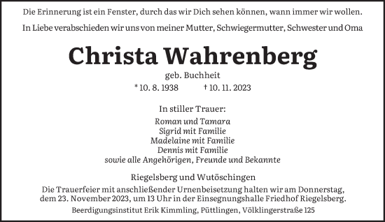 Todesanzeige von Christa Wahrenberg von saarbruecker_zeitung