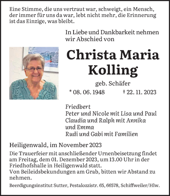 Todesanzeige von Christa Maria Kolling von saarbruecker_zeitung