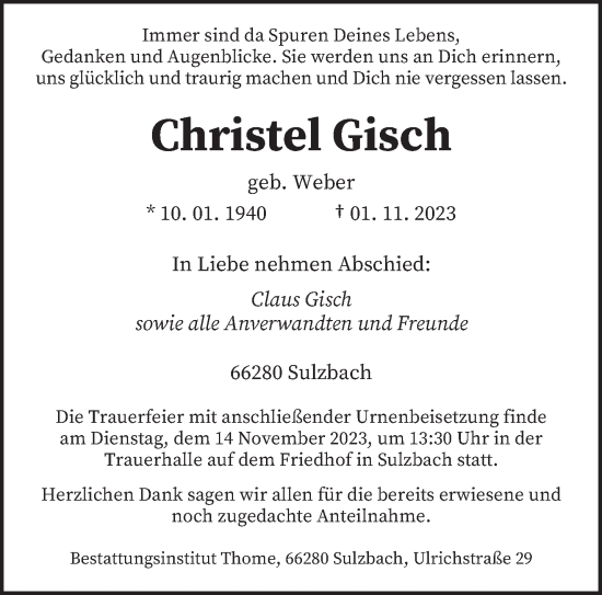 Todesanzeige von Christel Gisch von saarbruecker_zeitung