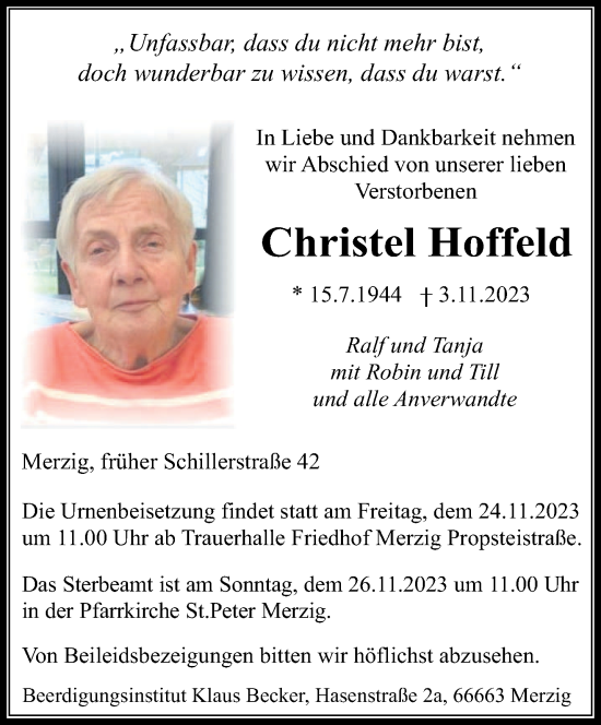 Todesanzeige von Christel Hoffeld von saarbruecker_zeitung