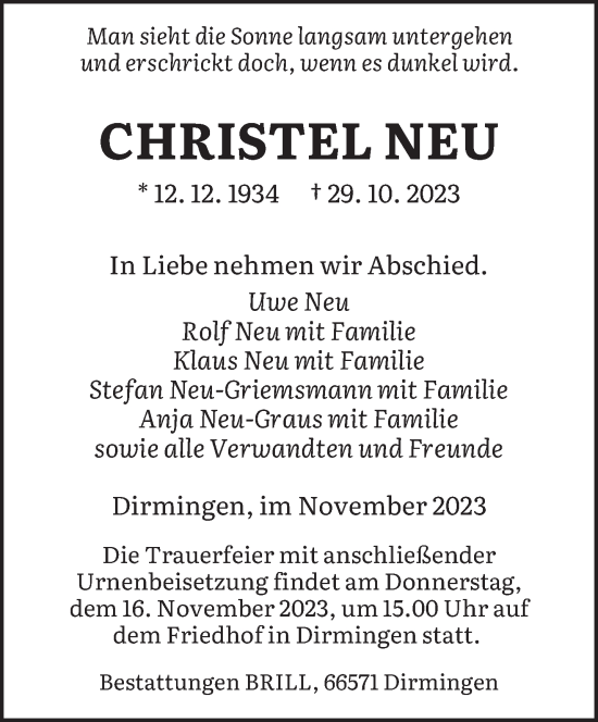 Todesanzeige von Christel Neu von saarbruecker_zeitung