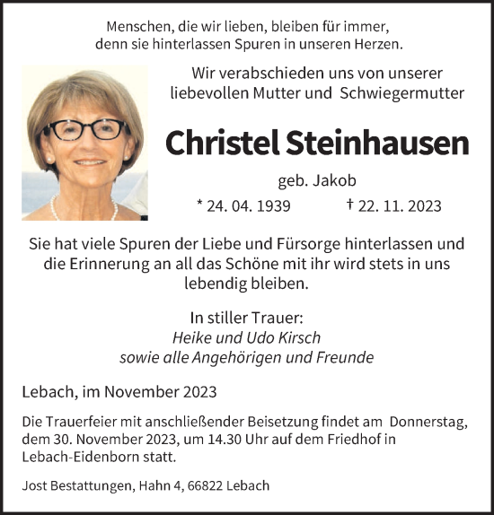 Todesanzeige von Christel Steinhausen von saarbruecker_zeitung