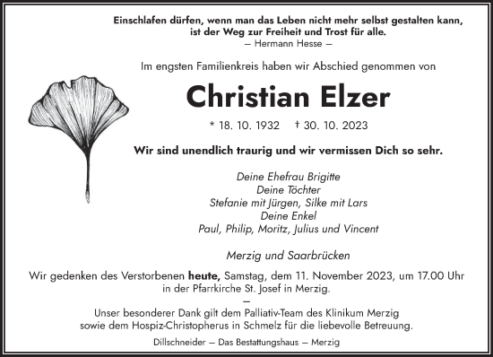 Todesanzeige von Christian Elzer von saarbruecker_zeitung