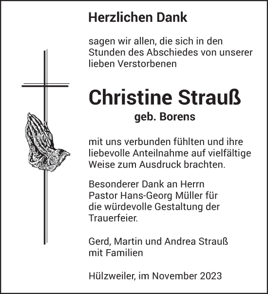 Todesanzeige von Christine Strauß von saarbruecker_zeitung