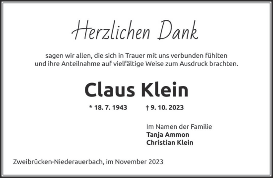 Todesanzeige von Claus Klein von saarbruecker_zeitung