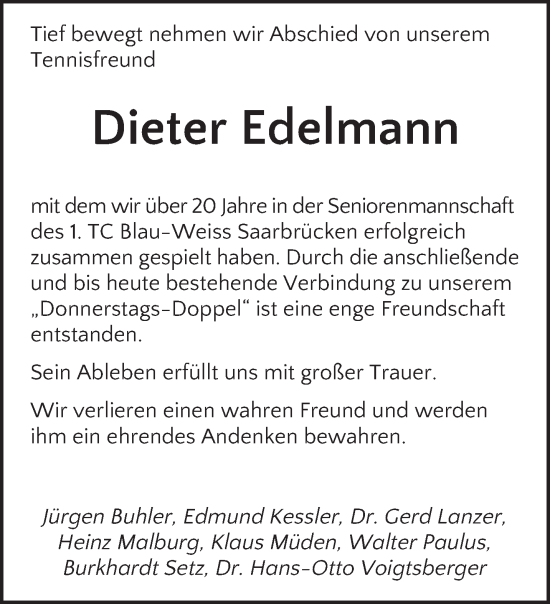 Todesanzeige von Dieter Edelmann von saarbruecker_zeitung