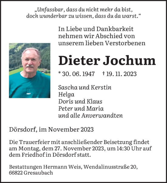 Todesanzeige von Dieter Jochum von saarbruecker_zeitung