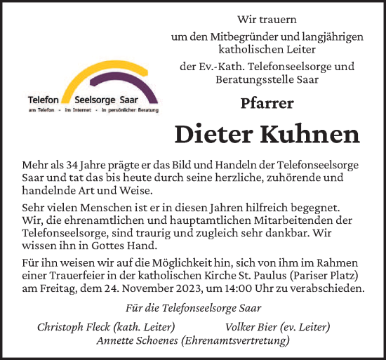 Todesanzeige von Dieter Kuhnen von saarbruecker_zeitung