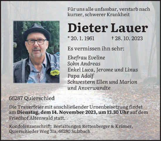 Todesanzeige von Dieter Lauer von saarbruecker_zeitung