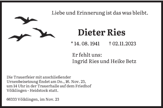 Todesanzeige von Dieter Ries von saarbruecker_zeitung