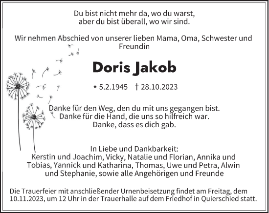 Todesanzeige von Doris Jakob von saarbruecker_zeitung