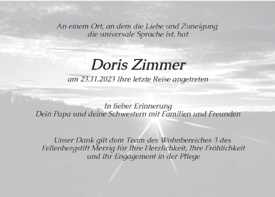 Todesanzeige von Doris Zimmer von saarbruecker_zeitung