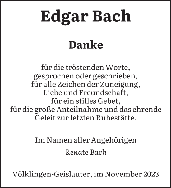 Todesanzeige von Edgar Bach von saarbruecker_zeitung