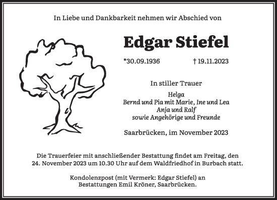 Todesanzeige von Edgar Stiefel von saarbruecker_zeitung