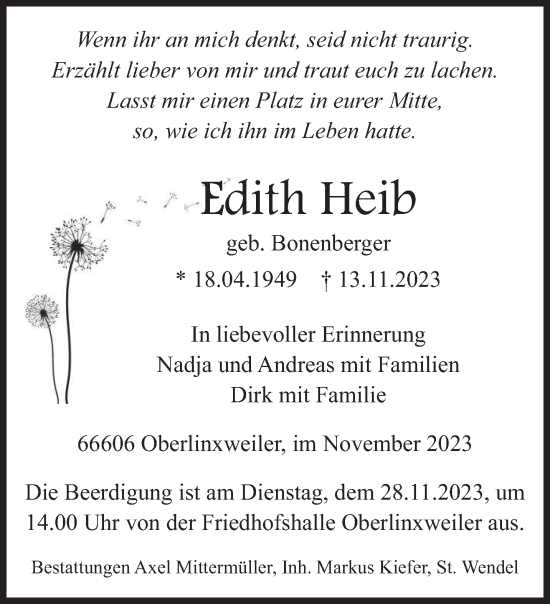 Todesanzeige von Edith Heib von saarbruecker_zeitung