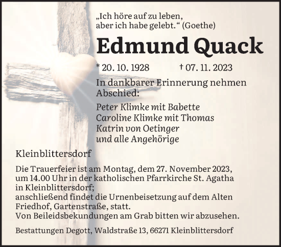 Todesanzeige von Edmund Quack von saarbruecker_zeitung