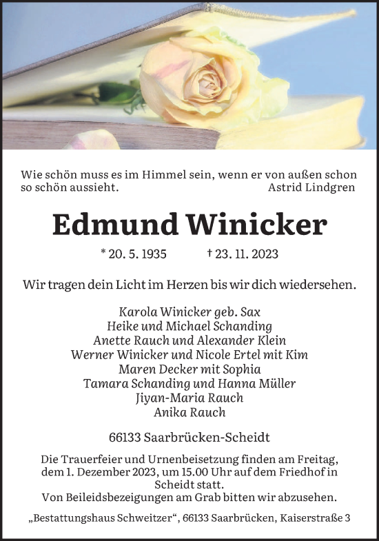 Todesanzeige von Edmund Winicker von saarbruecker_zeitung