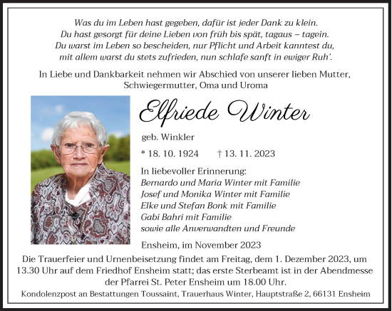 Todesanzeige von Elfriede Winter von saarbruecker_zeitung