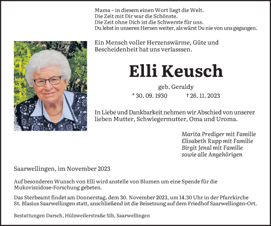 Todesanzeige von Elli Keusch von saarbruecker_zeitung