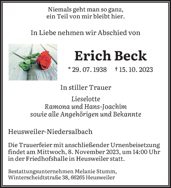 Todesanzeige von Erich Beck von saarbruecker_zeitung