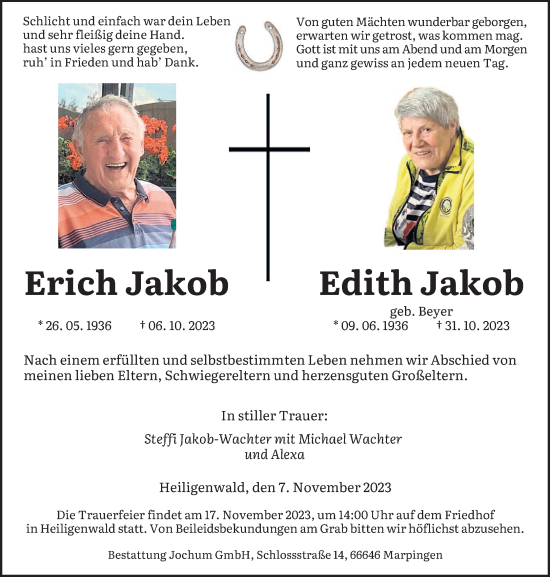 Todesanzeige von Erich und Edith Jakob von saarbruecker_zeitung