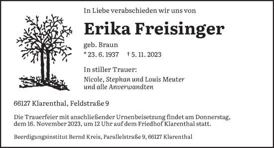 Todesanzeige von Erika Freisinger von saarbruecker_zeitung