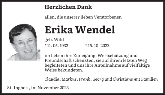 Todesanzeige von Erika Wendel von saarbruecker_zeitung