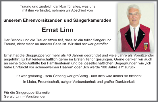 Todesanzeige von Ernst Linn von saarbruecker_zeitung